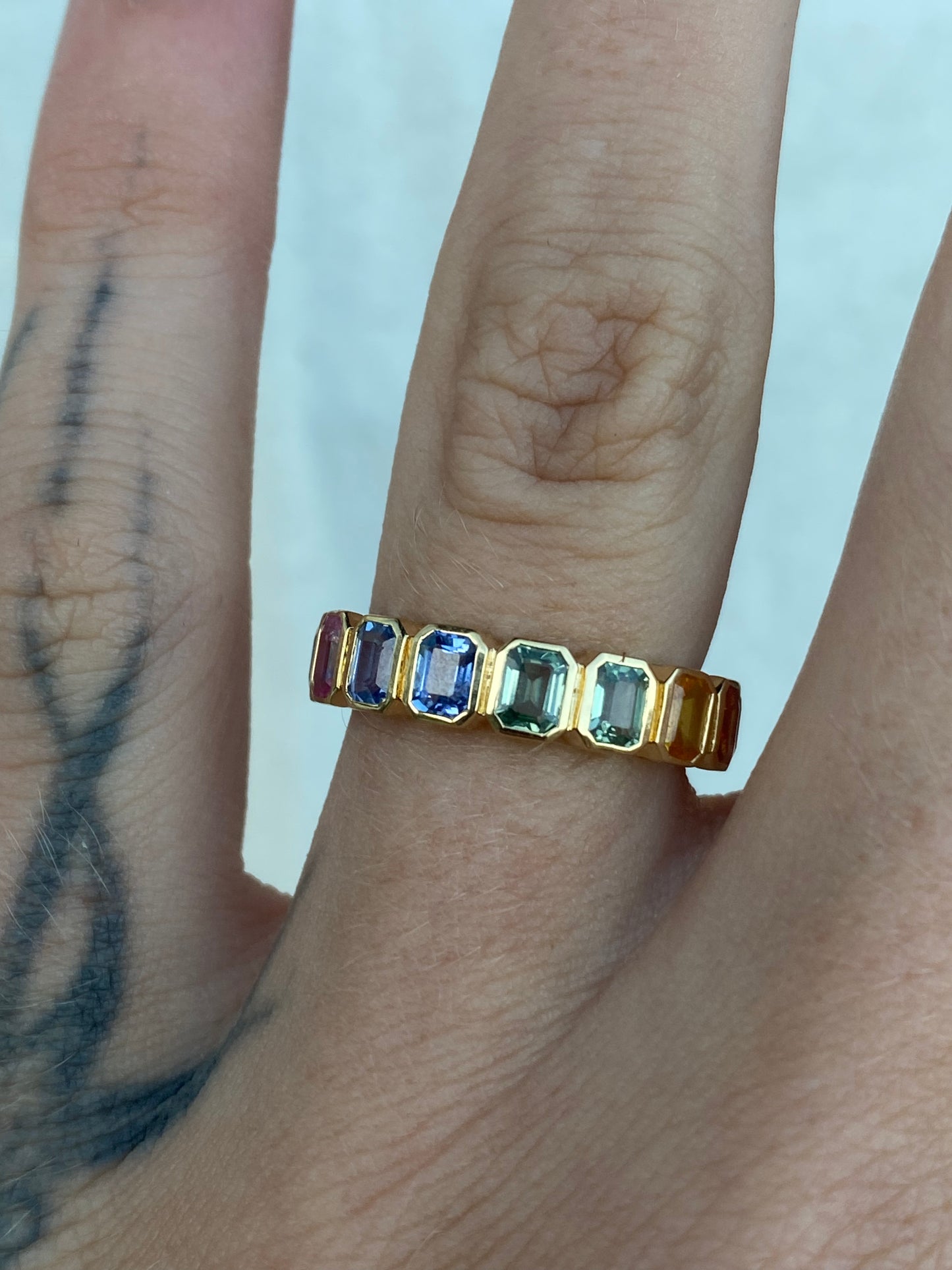 14kt multicolor sapphire bezel eternity band