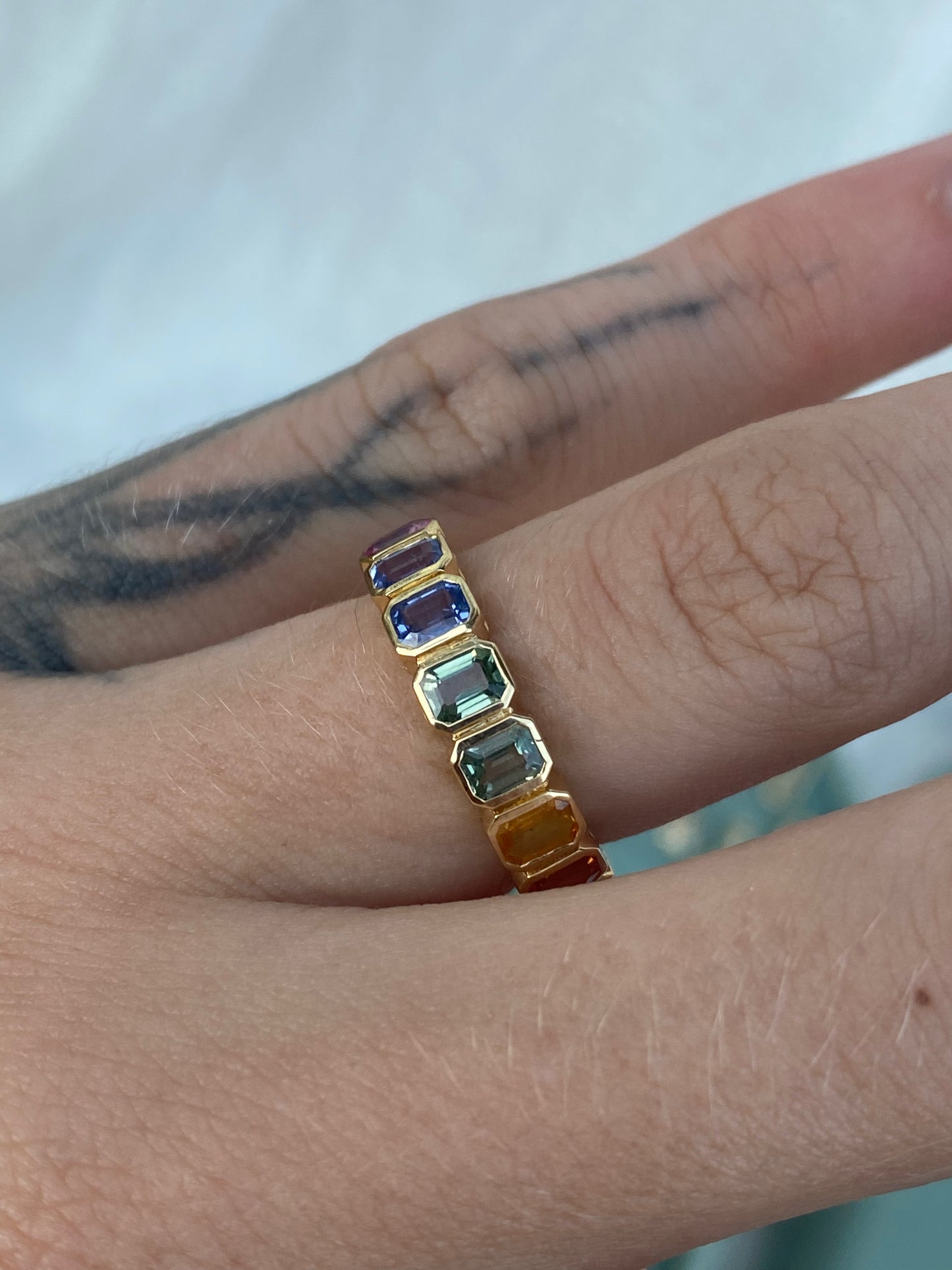 14kt multicolor sapphire bezel eternity band