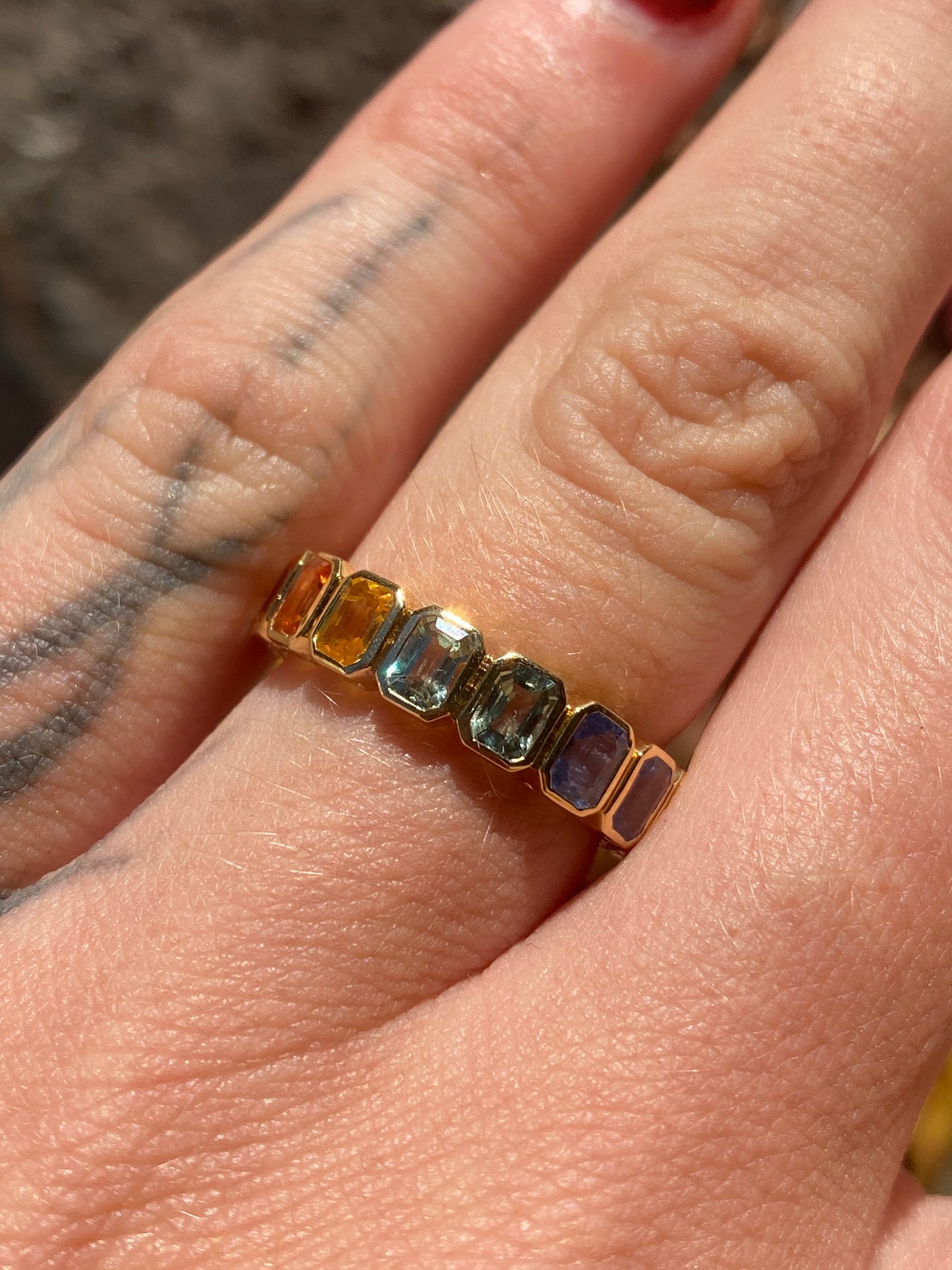 14kt multicolor sapphire bezel eternity band