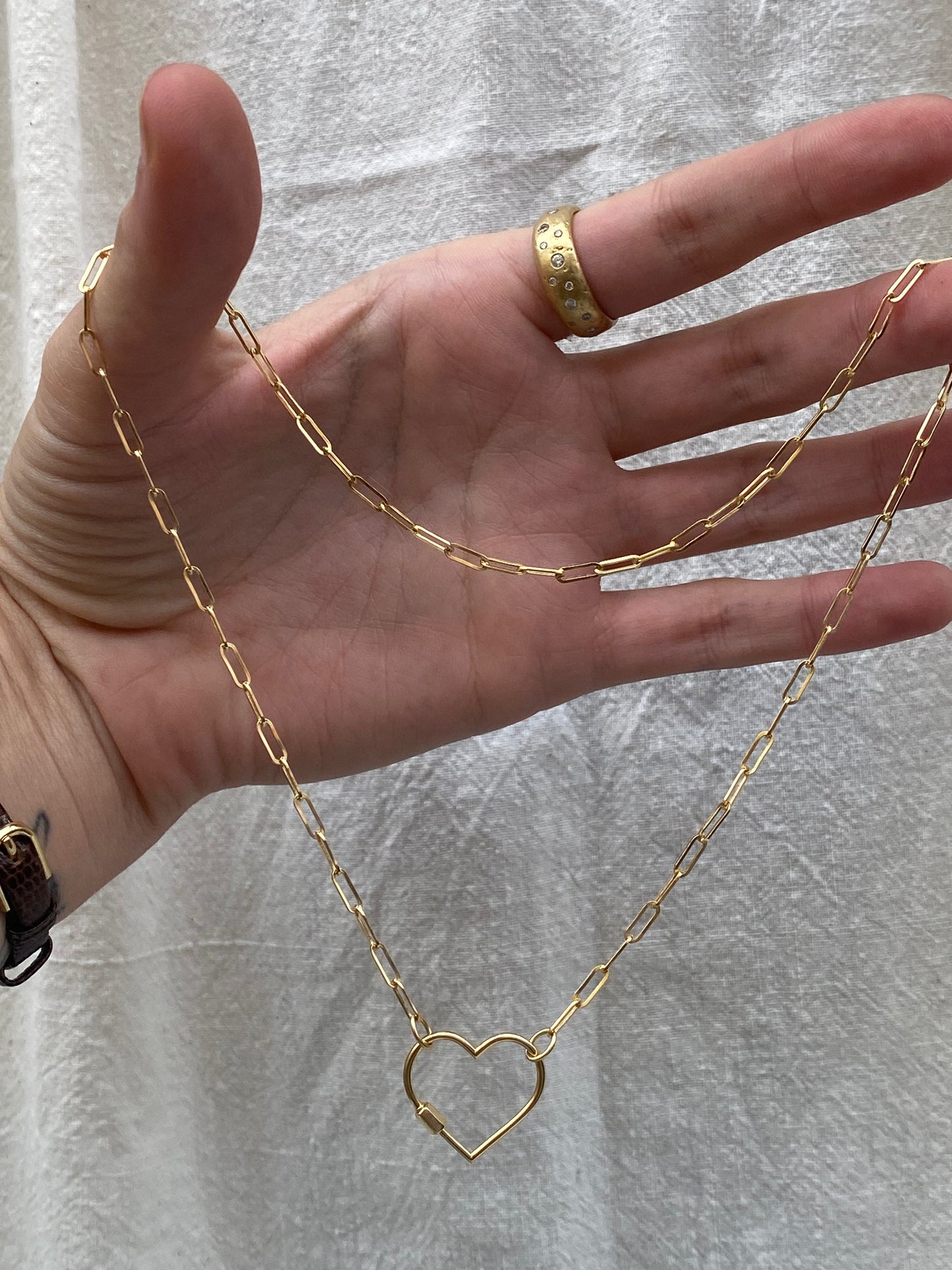 14kt 17.5" paperclip chain with heart carabiner