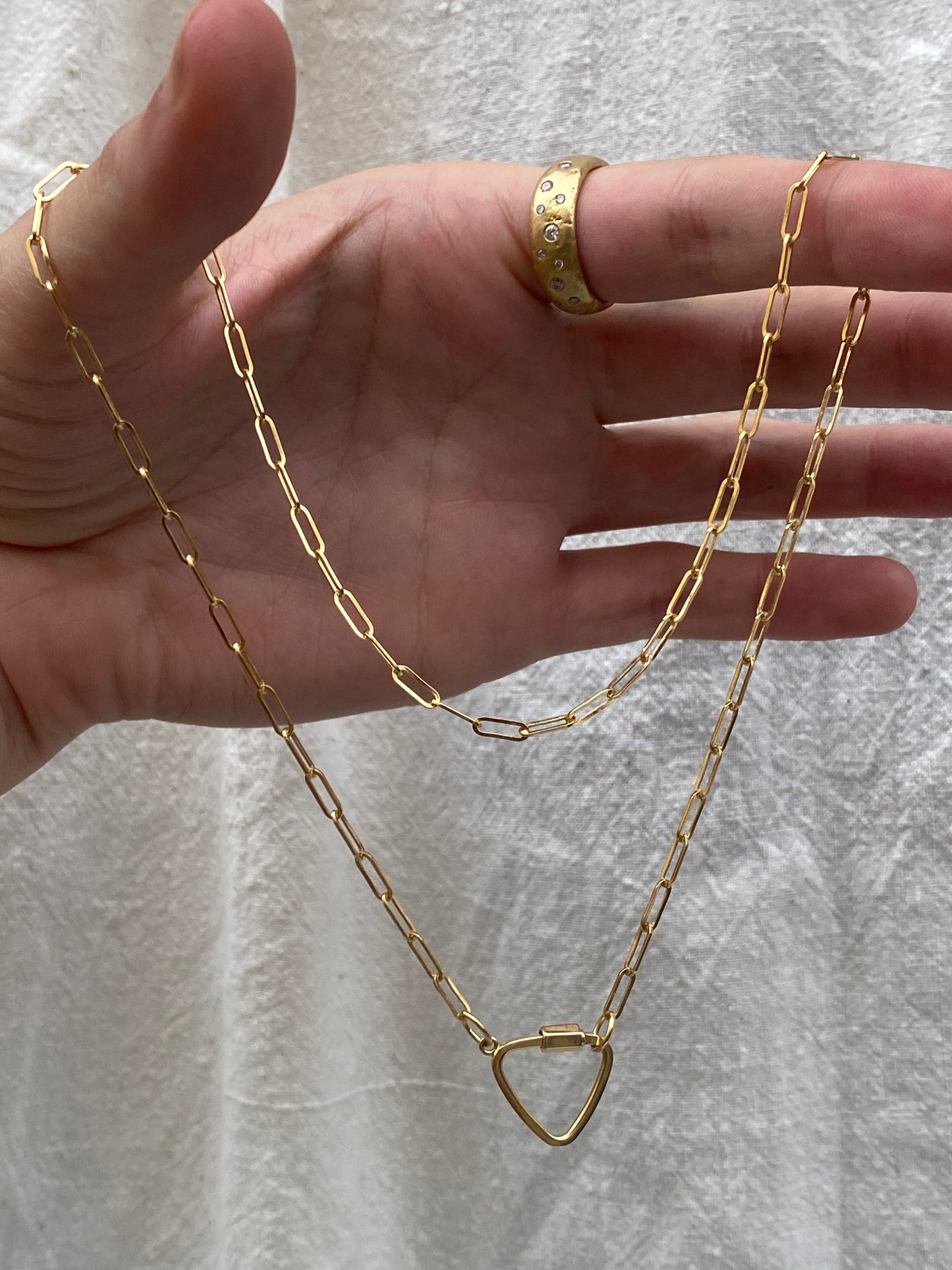 14kt 17.5" paperclip chain with triangle carabiner