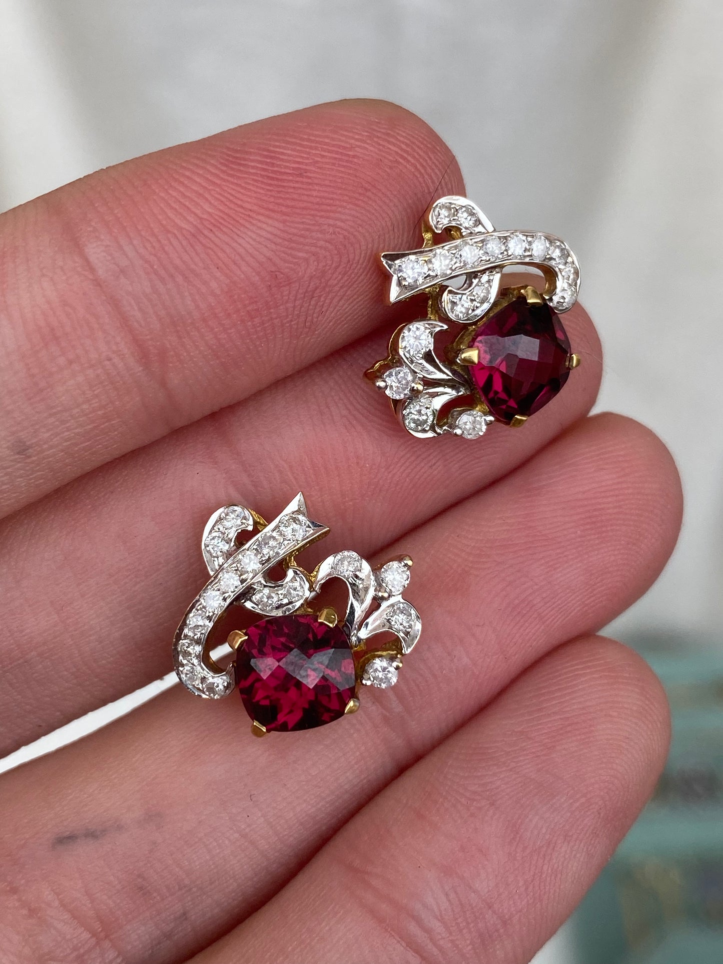 18kt vintage diamond garnet earrings