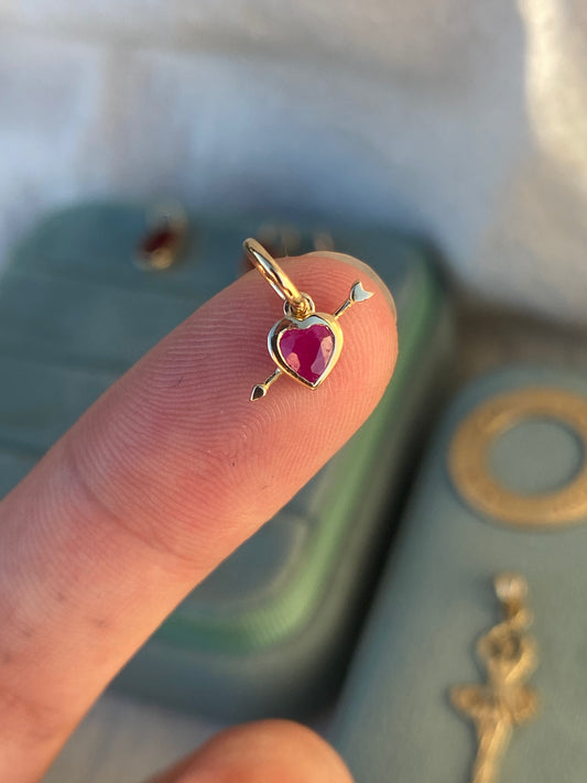 14kt bezel ruby heart arrow