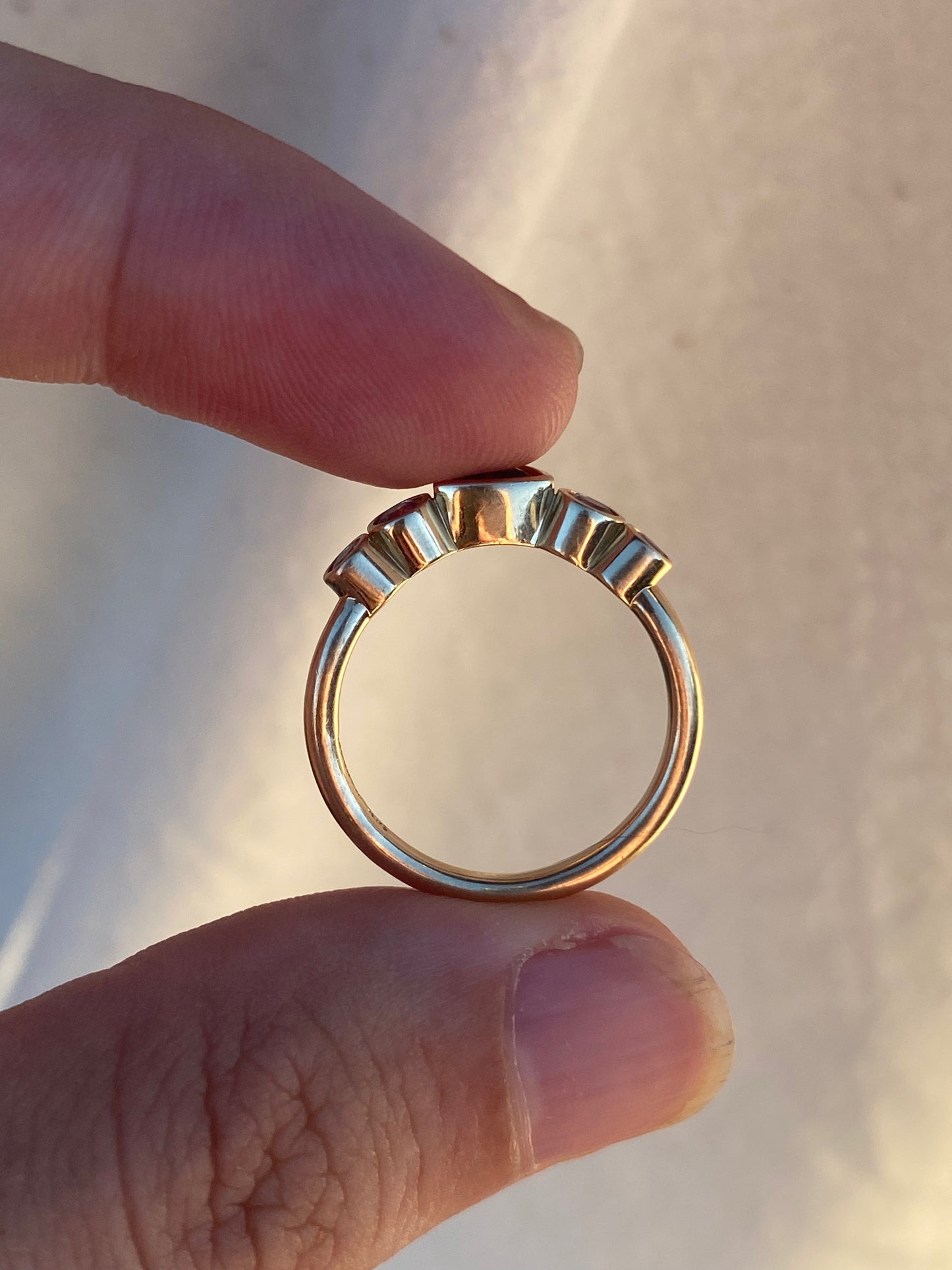 14kt Marrow bezel sapphire & garnet ring